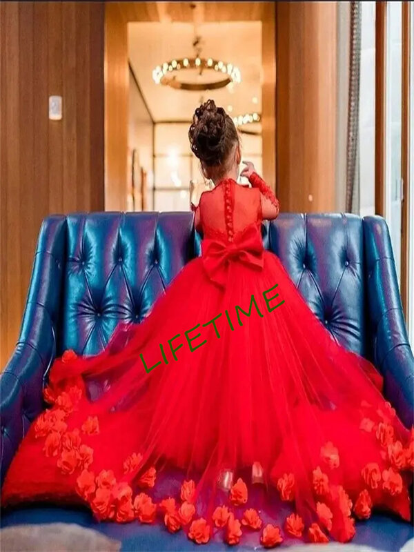 Платья для девочек с красными цветами, воздушное милое красное пляжное платье принцессы с аппликацией для гостей на свадьбу и вечеринку, для первого причастия, детского дня рождения