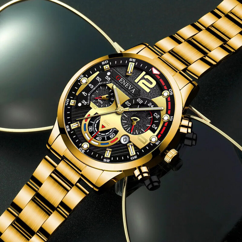 Ensemble de montre-bracelet à quartz en acier inoxydable pour hommes, bracelet décontracté, collier doré, mode masculine, affaires, 3 pièces