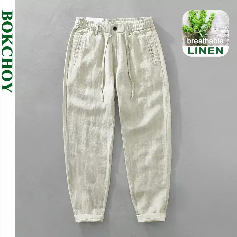 Pantalones informales de lino para hombre, ropa fina, recta, transpirable, de gran tamaño, C1606, novedad de verano, 100%