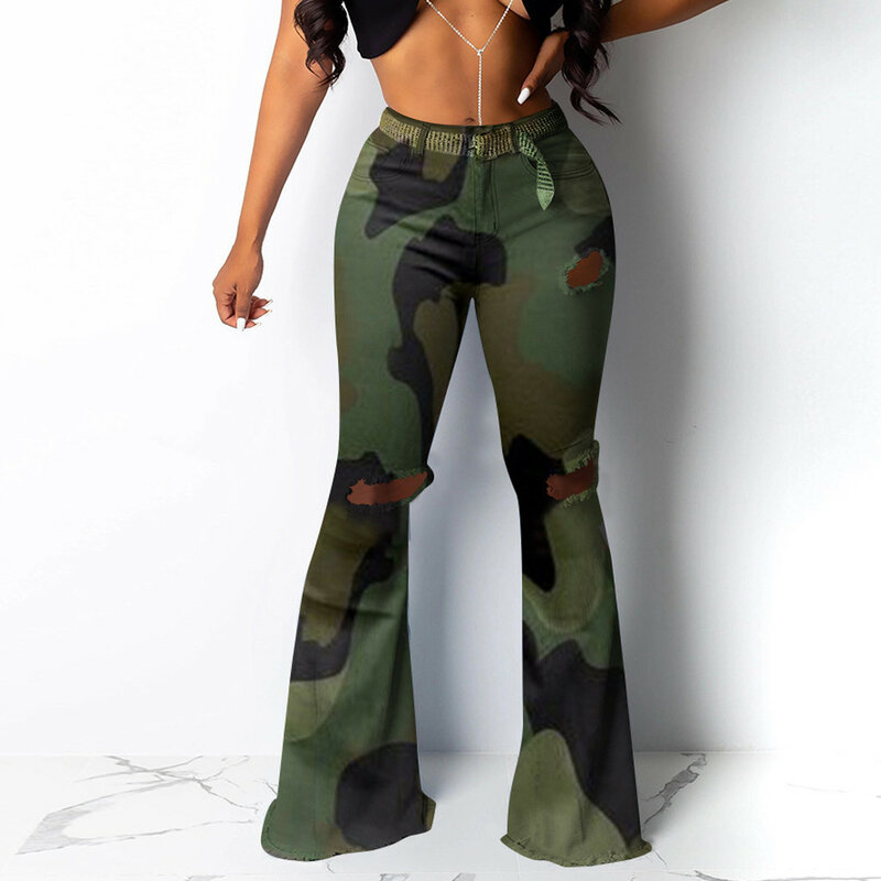 Ripped Jeans For Women High Waist Camouflage Denim Pants Bell Bottom Distressed Denim Trousers Female Flare Pants Plus Size
