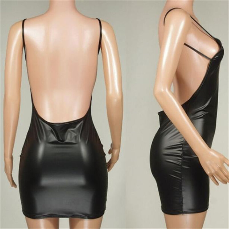 Vestido corto de piel sintética con espalda descubierta para mujer, minivestido Sexy de látex con sujetador de realce, color negro liso, aspecto húmedo