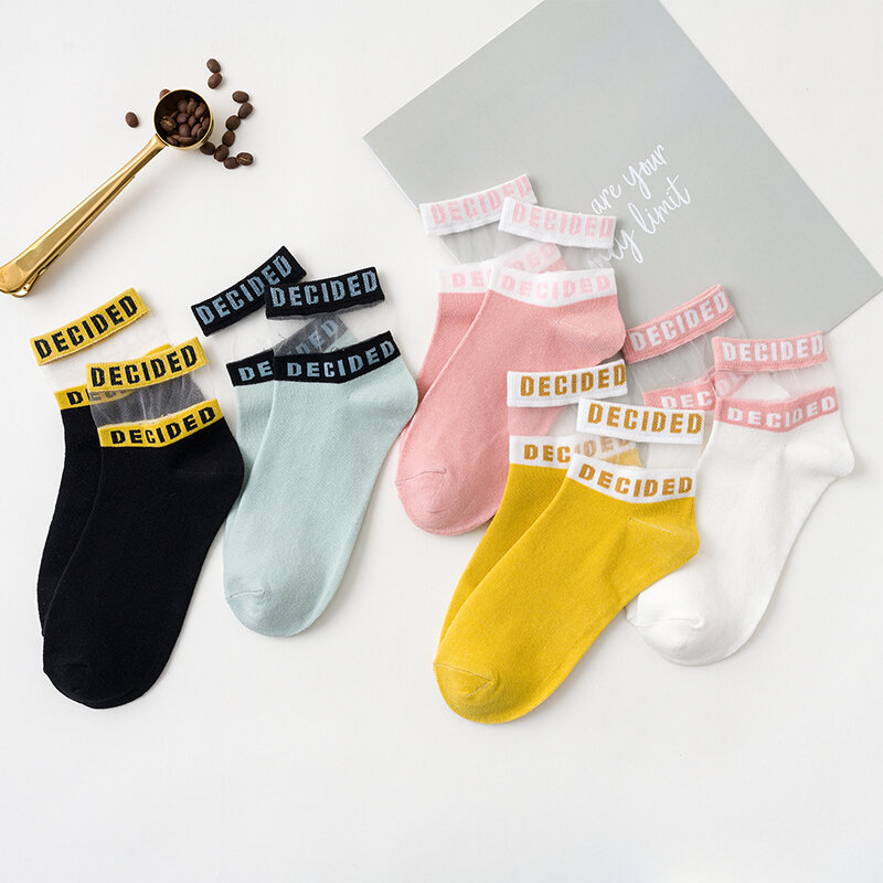 Calcetines tobilleros finos con estampado de letras para mujer, medias cortas de seda de cristal de Color caramelo, estilo Harajuku, 5 pares