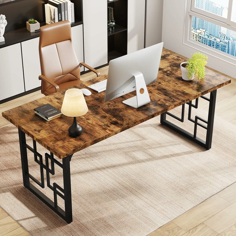 Tribesigns 63" Executive Desk, Large Office Desk, Industrial Wooden Computer Desk with Black Metal Legs, Simple Study Writing Ta