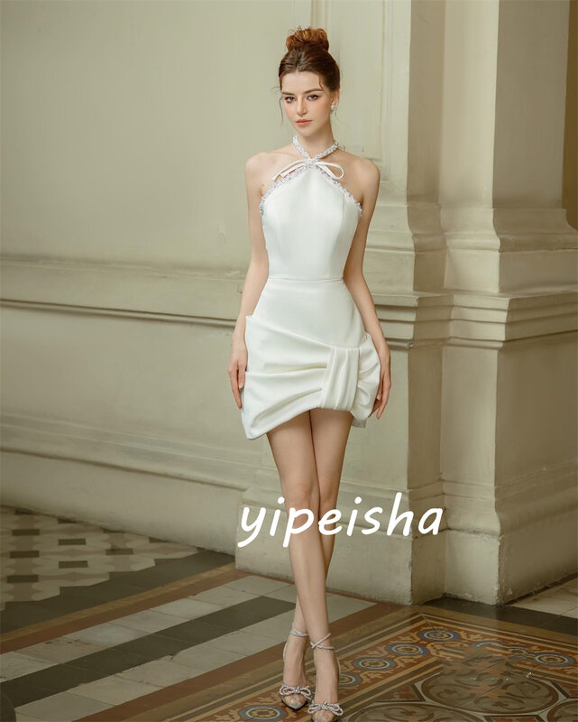 Jiayigong Jersey Pleat Ruched Valentine's Day A-line Halter Bespoke Occasion Gown Short Dresses Sexy Casual 