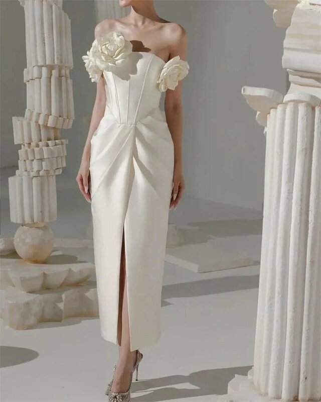 Prom Dress فستان سهرة نسائي Strapless 3D Flower Satin Formal Occasion Evening Gown Islamic فساتين مناسبة حسب الطلب