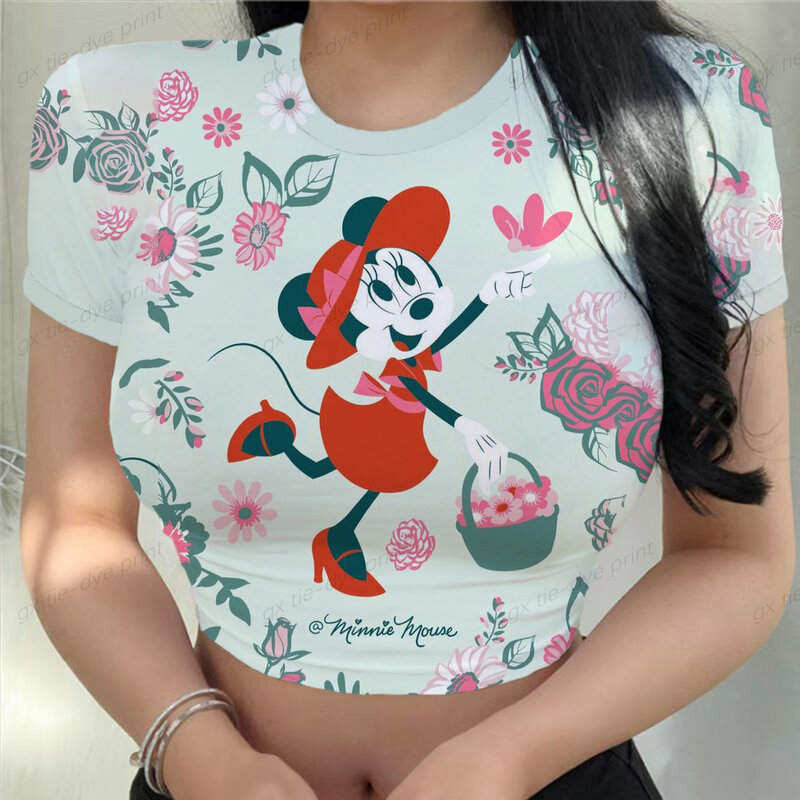 Disney Minnie Mickey ฤดูร้อน Slim Tee Tops Streetwear Gothic Harajuku กราฟิกพิมพ์เสื้อยืดผู้หญิง Vintage Crop Top Y2K เสื้อผ้า