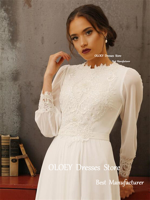 OLOEY Vintage Modest Ivory Chiffon A Line Wedding Dresses Boho O-Neck Lace Long Sleeves Classic Country Bridal Gowns Plus Size