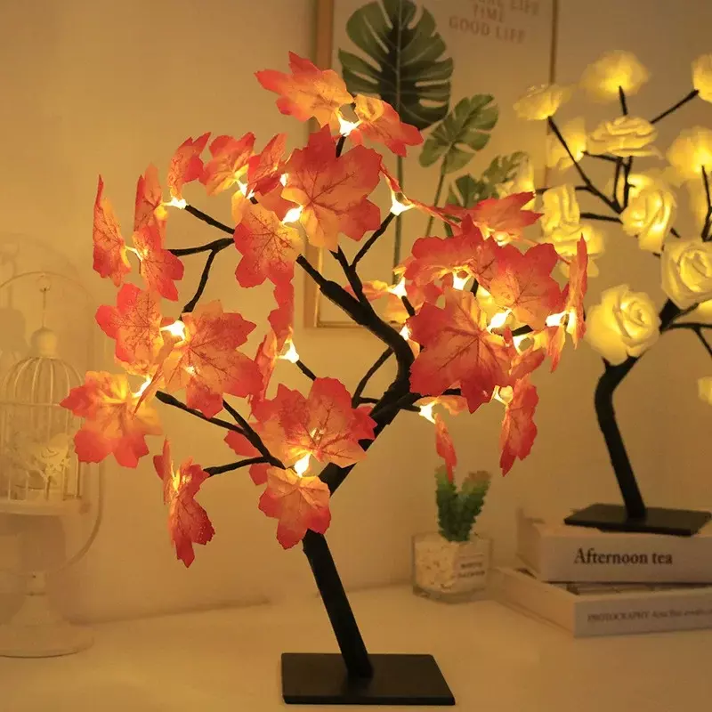요정 꽃 나무 테이블 램프, 메이플 리프 램프, 장미 야간 조명, USB 작동, 웨딩 파티 선물, 할로윈 장식, 24 LED