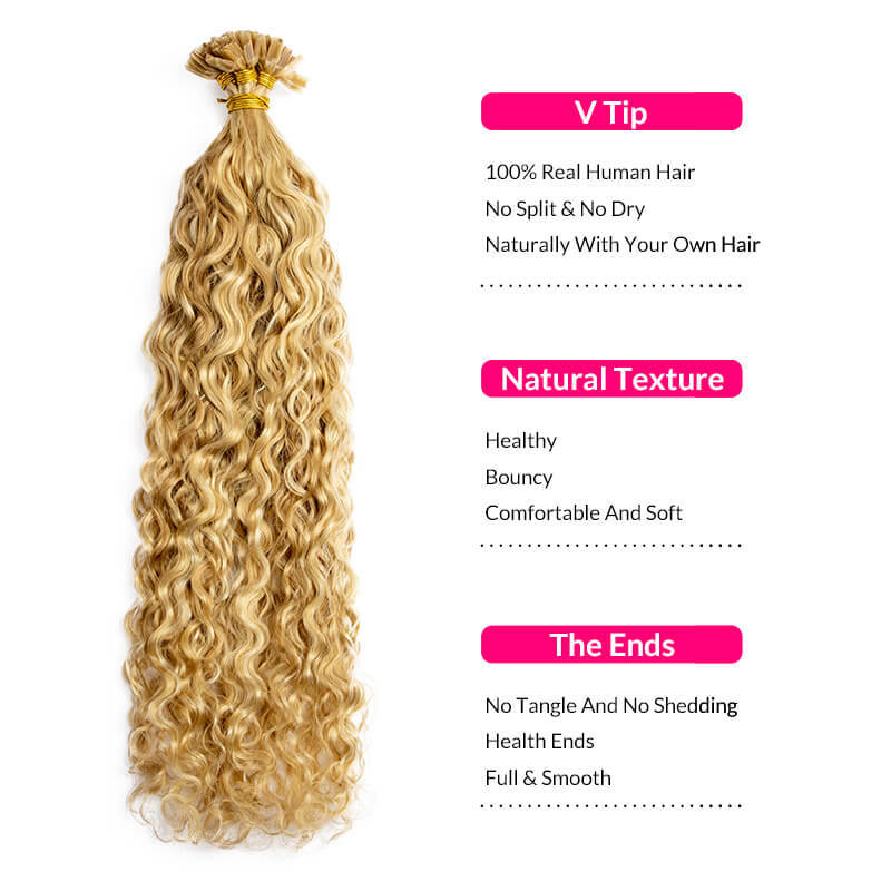 Extensiones de cabello humano con forma de V, cabello Remy de 12 a 24 pulgadas con onda de agua, fusión de queratina rubia, 50 unidades, envío gratis