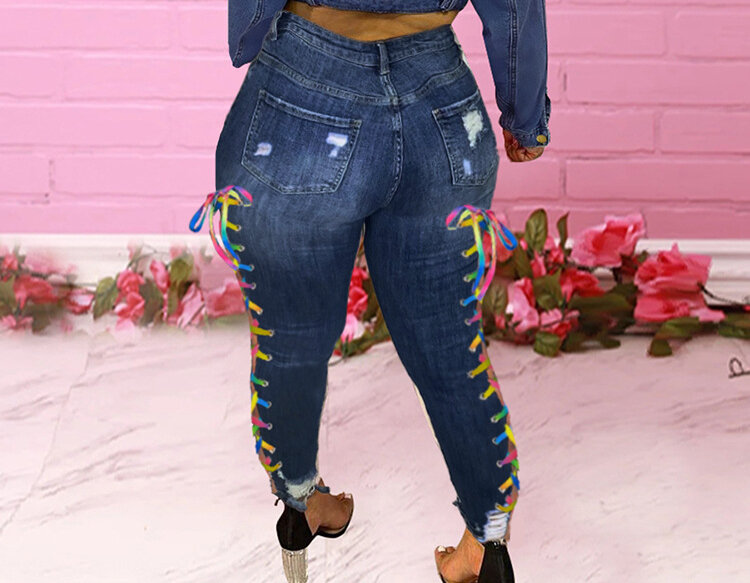 Calças jeans rasgadas casuais de cintura alta feminina, jeans feminino, laço lateral, roupas da moda