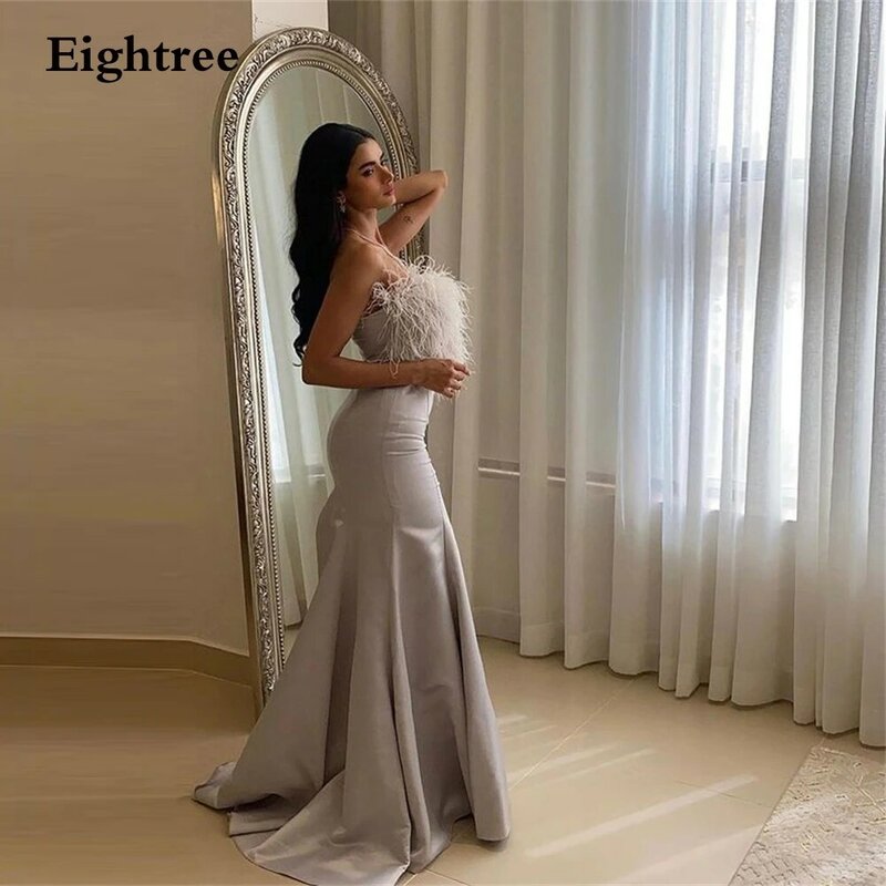 Eightree-Sliver sereia vestidos de noite para mulheres, sem alças, plissado, plumas, saudita, árabe, vestido de formatura, vestido de festa formal, 2024