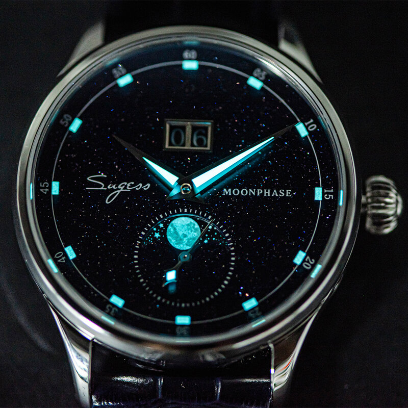 Sugess Moonphase Luxe Horloges 316L Rvs Case Tianjin ST2528 Beweging Edelsteen Sterren Dial Mannen Polshorloge Gift