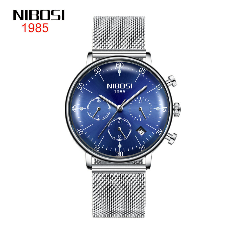 NIBOSI-Relógio de quartzo azul curvo masculino de vidro, aço inoxidável, alça de malha, relógios cronógrafos, moda