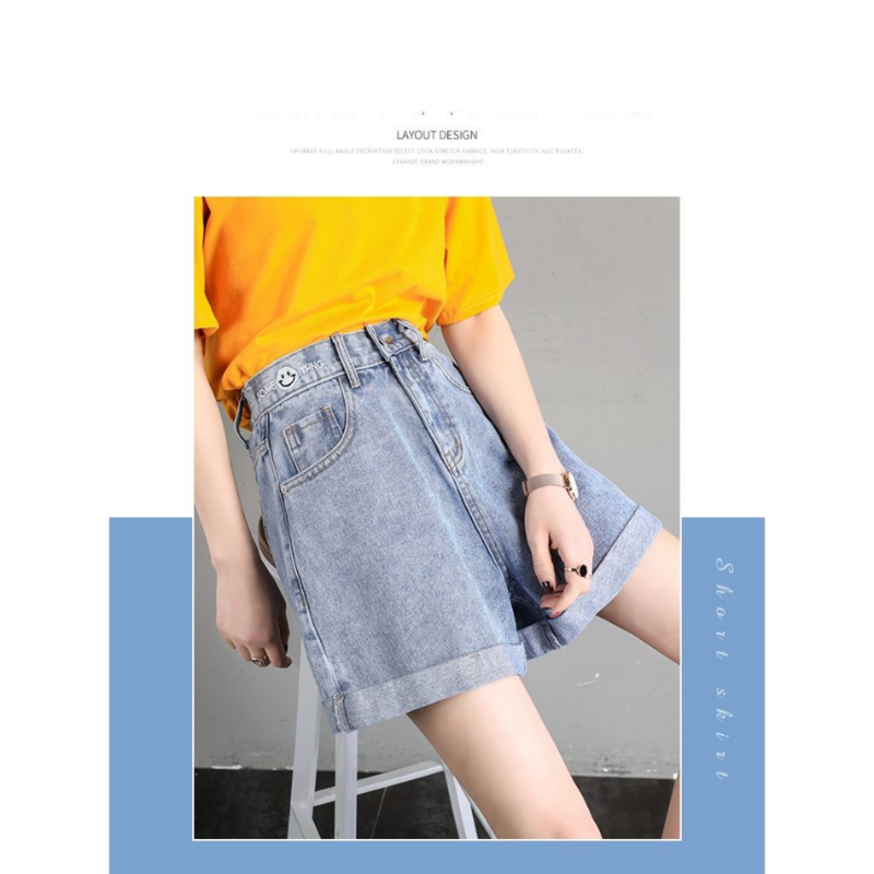 Celana pendek Denim pinggang tinggi, celana pendek A-line ramping kaki lebar pinggang elastis versi Korea musim panas 2023