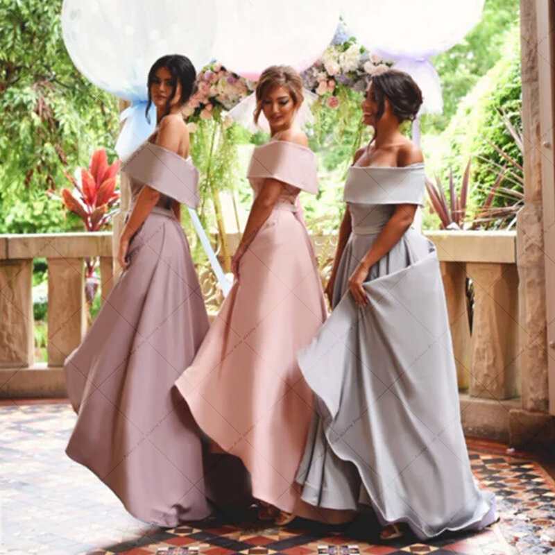 Simple A-Line Tea-Length Wedding Party Gown Elegant Off The Shoulder Strapless Bridesmaid Dress 2023 Satin Maid Of Honor Dresses
