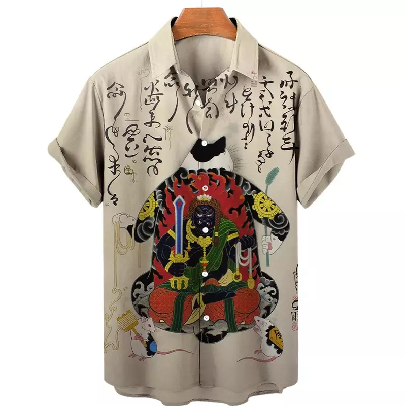男性用サムライキャットパターンプリント半袖シャツ、カジュアルで快適なトップ、ラペルボタンダウンシャツ、日本製