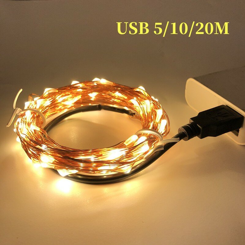 USB LEDチェーンライト,2m,5m,10m,20m,クリスマス,結婚式の装飾,暖かい白/銅線
