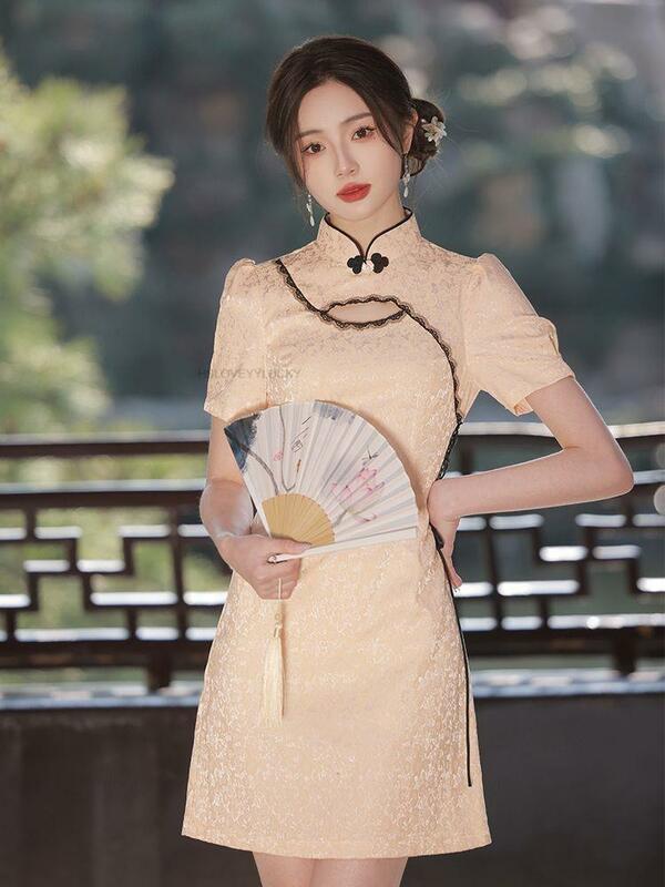 Robe en dentelle évidée pour femme, Cheongsam mince, col montant, ligne A, robe moderne pour femme, nouveau style chinois, 03/Qipao
