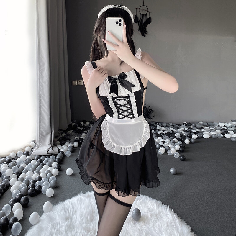 Kostum Cosplay Anime Wanita Gaun Pelayan Setelan Seragam Set Lingerie Seksi Tanpa Punggung Pakaian Pembantu Perempuan Celemek Lingerie Kawaii Hitam