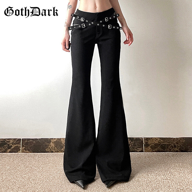 Goth Dark Harajuku Solid High Waist Flare Pants Mall Goth Street Bottom Women Punk Belts Decor Trousers Casual Alt Pant Techwear