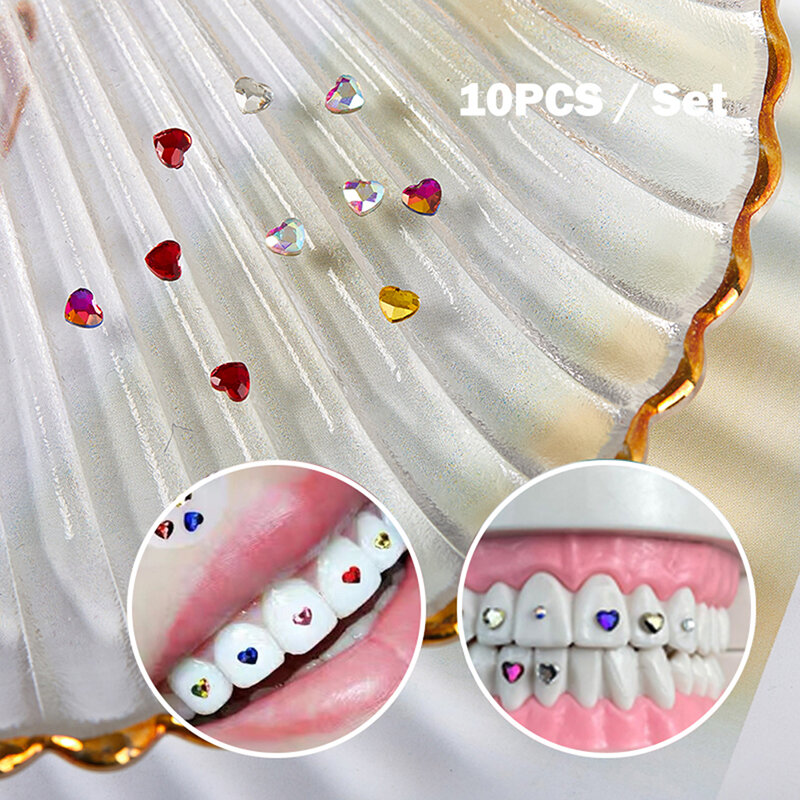 10Pcs Heart Shapes Color Teeth Jewelry 3mm Dental Tooth Gems Crystal Diamond Ornament Denture Acrylic Teeth Decoration