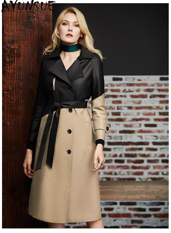 AYUNSUE High Quality Real Sheepskin Coat Women 2023 Autumn Winter Mid-length Elegant Genuine Leather Jacket Lace-up Streetwear