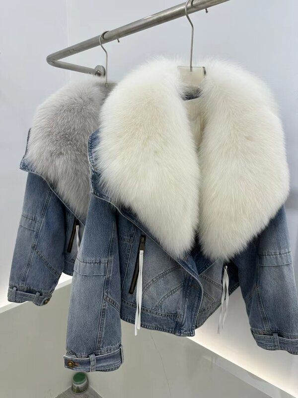Лидер продаж 2023, новая модная джинсовая куртка из гусиного пуха с большим воротником из белого лисьего меха, высококлассная куртка со съемным гусиным пухом и внутренней подкладкой