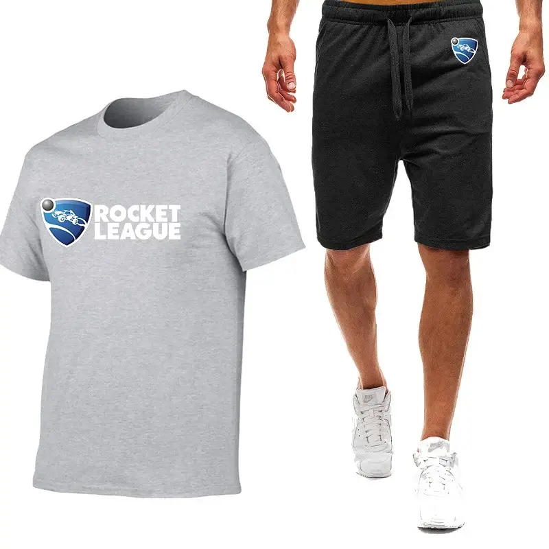 New Rocket League Summer Jogger Solid Color Man Short Sleeves T-shirt Tops+Shorts Casual Men Sports Fitness Wear Two Pieces Suit