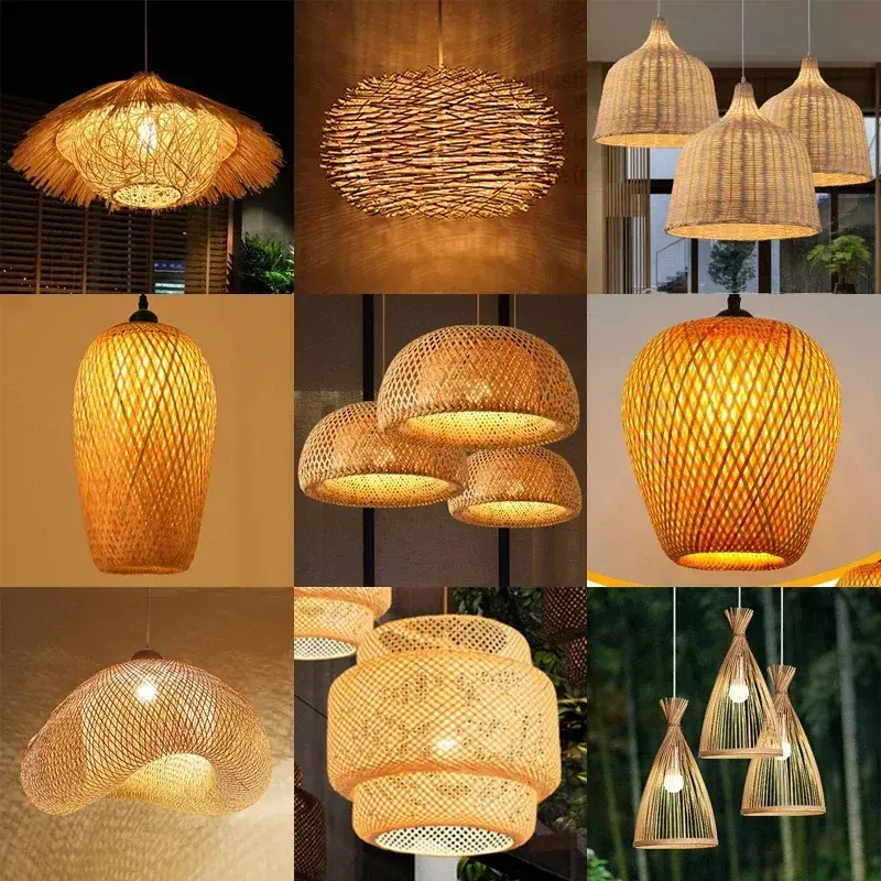Bamboo Hanging Lamp Pendant Ceiling Light Rattan Wicker Lustre Hand Knit Braiding Suspended Home Dining люстра потолочная