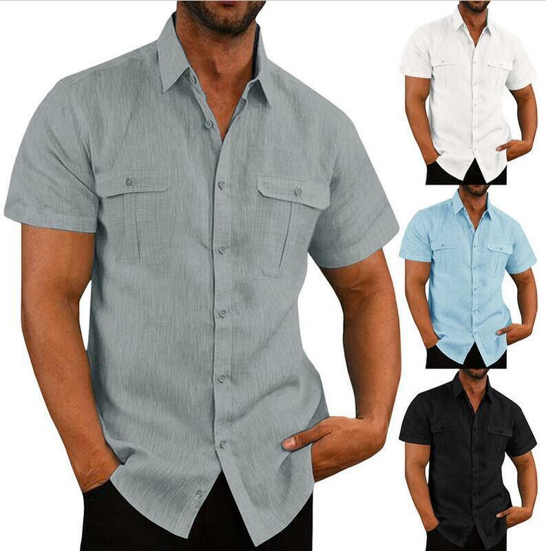 Camisas de manga corta de algodón y lino para hombre, camisa informal de Color sólido con cuello vuelto, camisas transpirables para verano