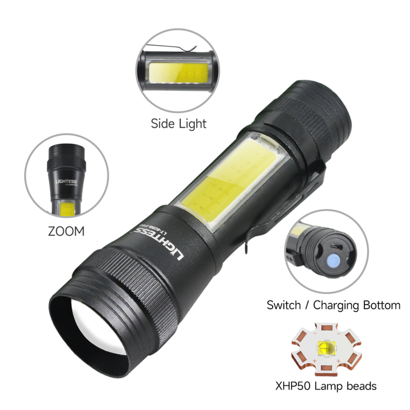 Linterna LED recargable por USB, lámpara potente P50, cuentas, luz lateral, 4 modos, distancia de luz, impermeable, Camping