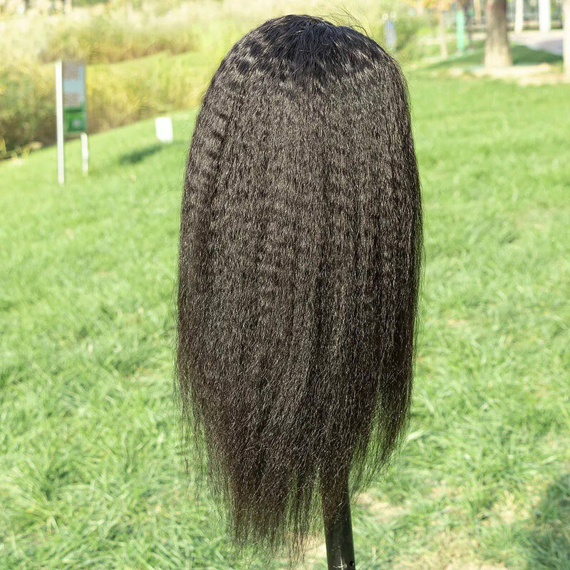 26“ Long Yaki Glueless Soft 180Density Kinky Straight Lace Front Wig For Women BabyHair Natural Black Preplucked Heat Resistant