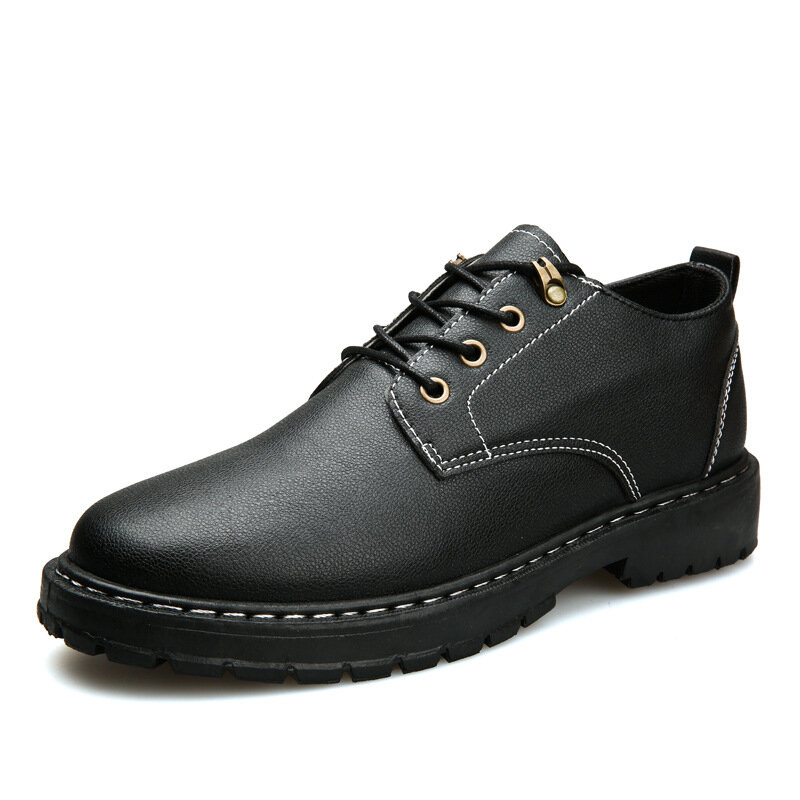 Sepatu kulit untuk pria, sepatu kerja kasual tahan air Anti selip, sepatu kerja bernapas bertali warna hitam