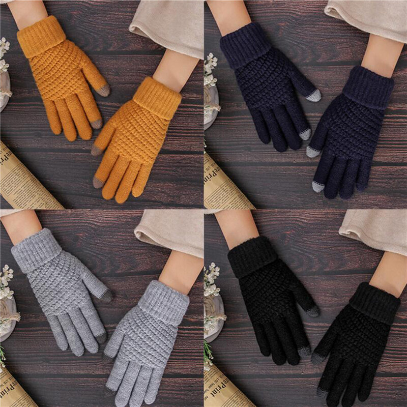 Winter Touch Screen Gloves Fashion Women Men Warm Stretch Knit Mittens Imitation Wool Full Finger Guantes Female Crochet Thicken