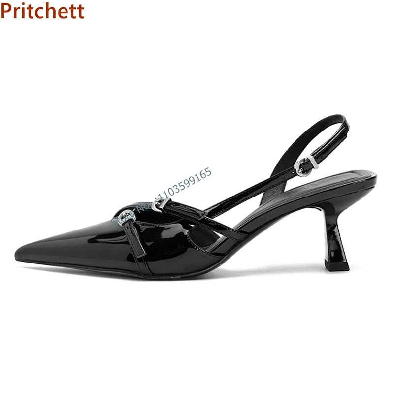 Sandalias de charol para mujer, zapatos de tacón de gatito, puntiagudos, decoración de cinturón, color negro, estilo británico, moda de verano