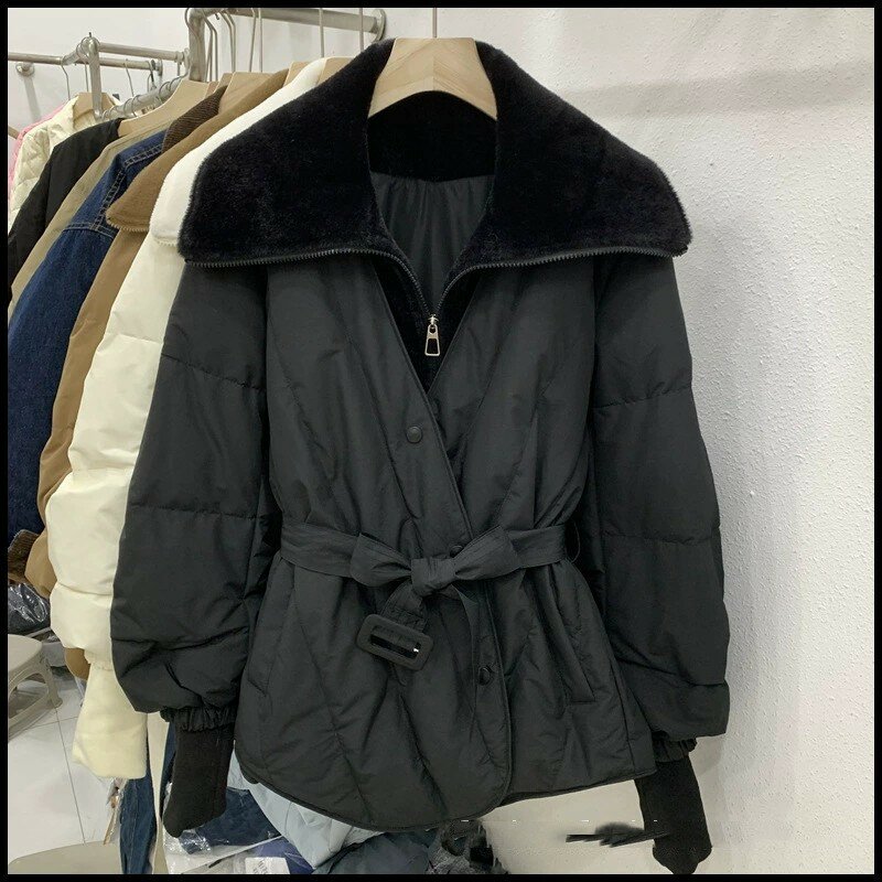 2023 Winter Duck Down Coat Women lapel Warm Jackets Autumn Fashion belt Short Casual Parkas