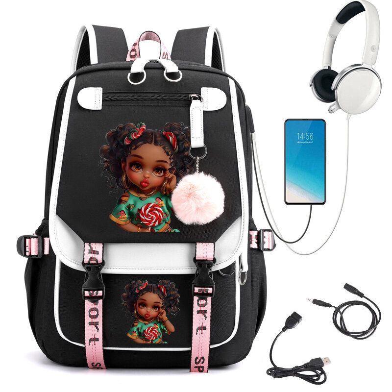 Ransel anak perempuan motif gadis Afro cantik tas sekolah imut untuk pelajar remaja perempuan tas buku ransel Laptop ransel isi ulang Usb Mochila