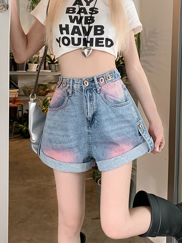 Farbverlauf Farbe hohe Taille Damen Denim Shorts Sommer lockeres Design Sinn A-Linie weites Bein Hotpants kurze übergroße kurze Hosen