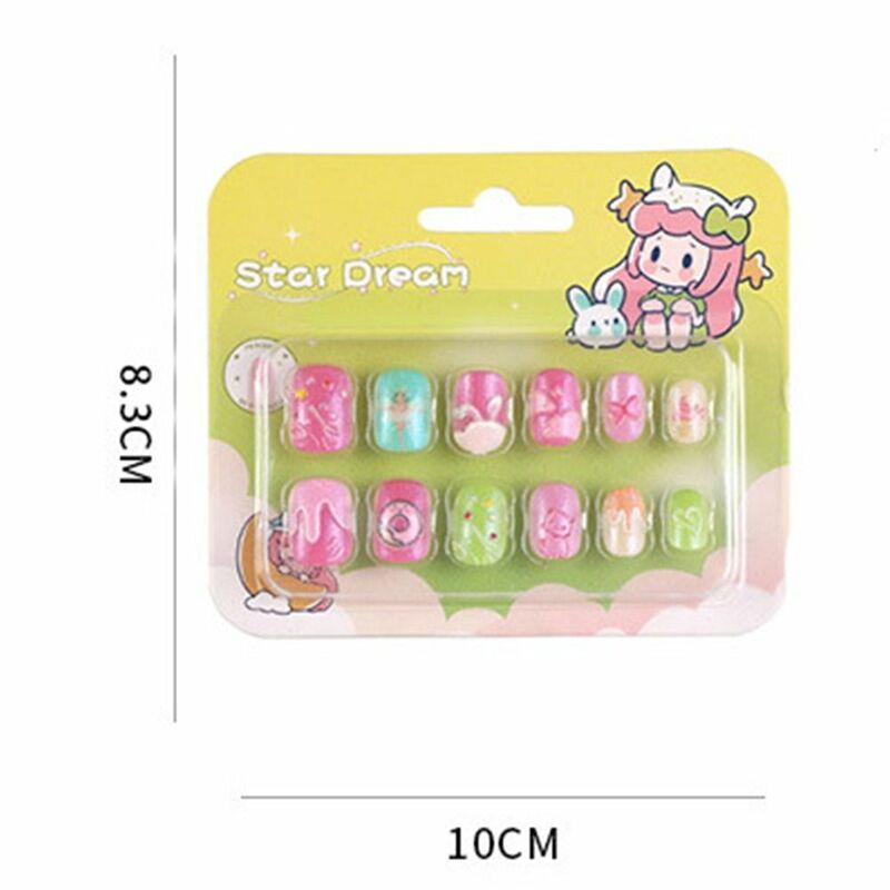 24pcs/box Cute Children Nail Patches Short Square Fake Nails Cute Cartoon Full Cover Press on Nails with jelly stickers