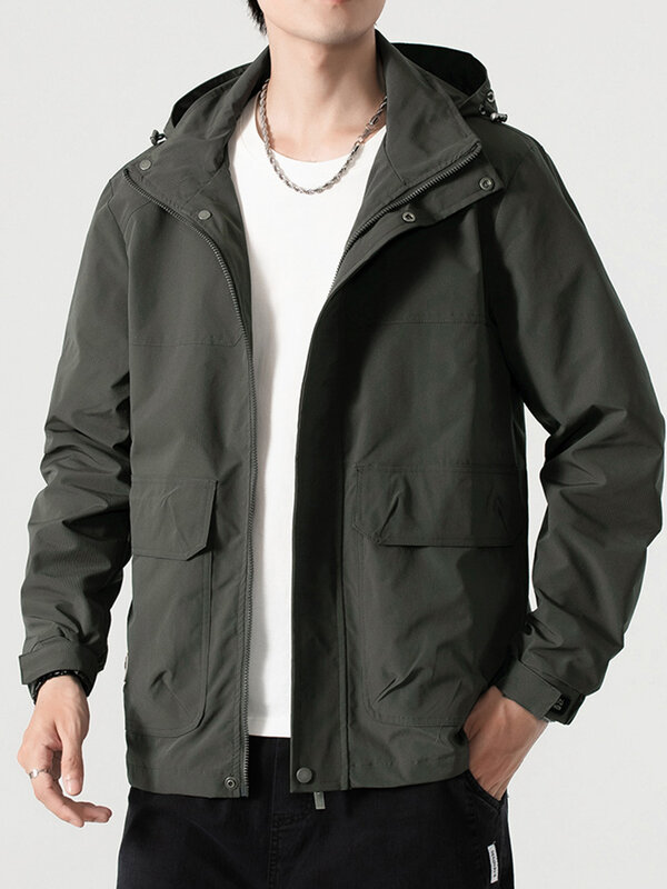 2023 Осенняя Новая повседневная мужская куртка с несколькими карманами, уличная водонепроницаемая одежда, ветровка с капюшоном, мужское пальто на молнии, размера плюс 8XL