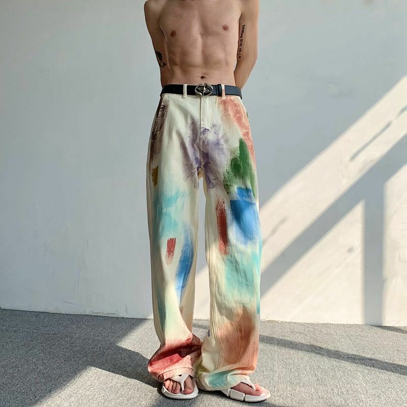 Jeans Color-blocking pantaloni da uomo con design a vernice dipinta a mano stile americano pantaloni larghi dritti casual high-street vendita calda