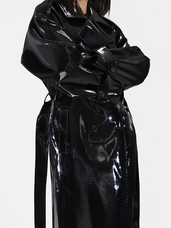 Lautaro primavera outono longo brilhante reflexivo patente couro trench coat para as mulheres faixas designer de luxo pista moda europeia