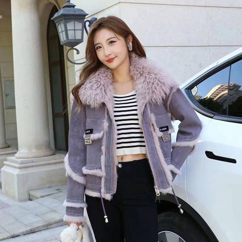 New Spring Vintage Short Woman Leather Jacket Lamb Fur Collar Natural Rabbit Hair Lining Coats Fashion Streetwear Mujer Tops