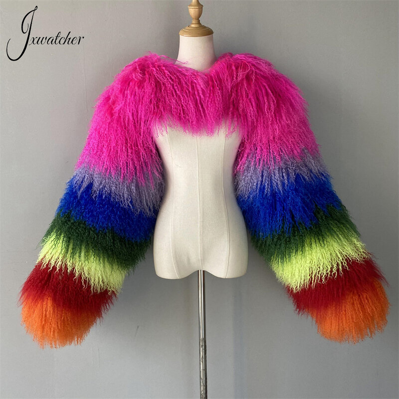 Jxwatcher-معطف فرو منغولي حقيقي للنساء ، شعر غنم طويل ، أكمام مزدوجة ، ملابس خروج من الفرو الطبيعي للسيدات ، أزياء فاخرة ، الخريف والشتاء