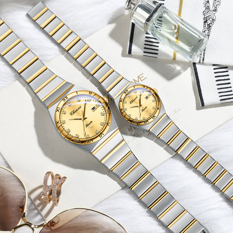 Chenxi Paar Luxe Quartz Horloge Goud Rvs Dames Polshorloge Hoge Kwaliteit Casual Waterdichte Man Horloge Cadeau Voor Vrouw