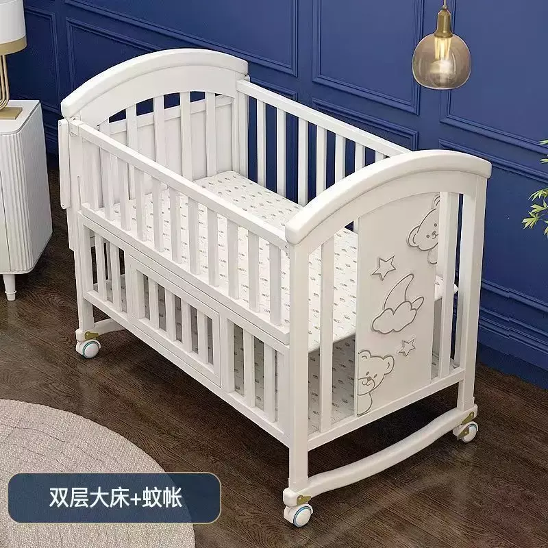 Baby Crib Multifunctional Bb Baby Crib Solid Wood Unpainted Rocking Bed Newborn Movable Children Splicing Large Bed