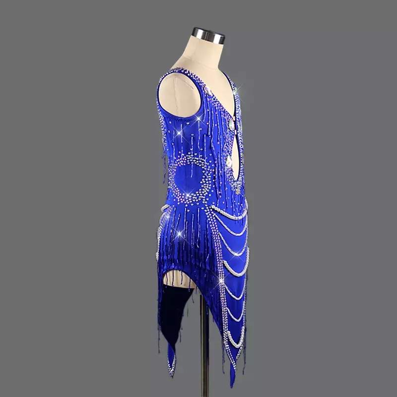 Sukienka Latin Dance Competition frędzel z dekoltem w szpic długa spódnica wysadzana diamentami odzież sportowa niestandardowe kostiumy dla dziecka kobiety Latina