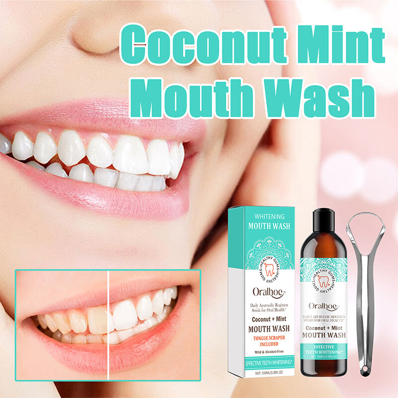 Coconut Mint Pulling Oil Mouthwash Alcohol-free Fresh U-shaped Oral Tongue Scraper Set Mouth Health Care Whitening Mouth Wash