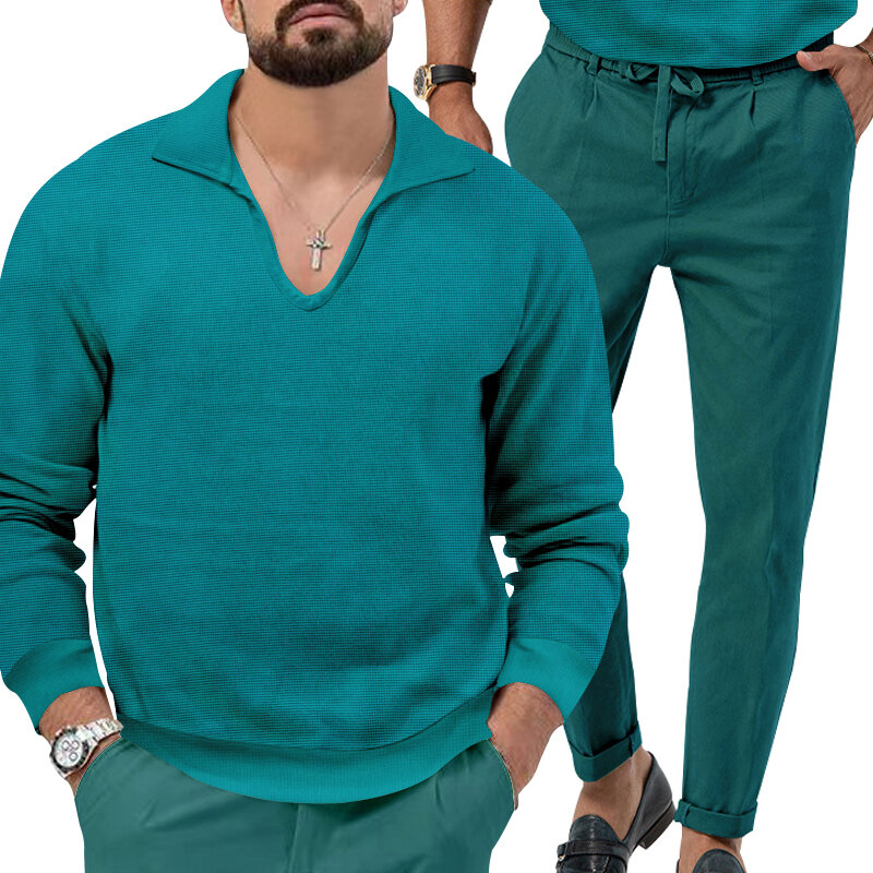 Autumn and Winter New Men's Casual Set Solid Color Casual V-neck Long Sleeve Top and Pants Outdoor Versatile Two Piece Set