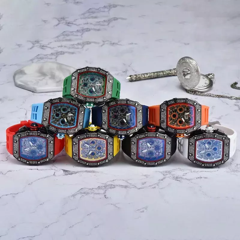 Jam tangan pria modis, jam tangan pria mewah, merek AAA, jam tangan otomatis, jam tangan pria Multi fungsi, 6 pin, perbatasan, set berlian, mode 2024